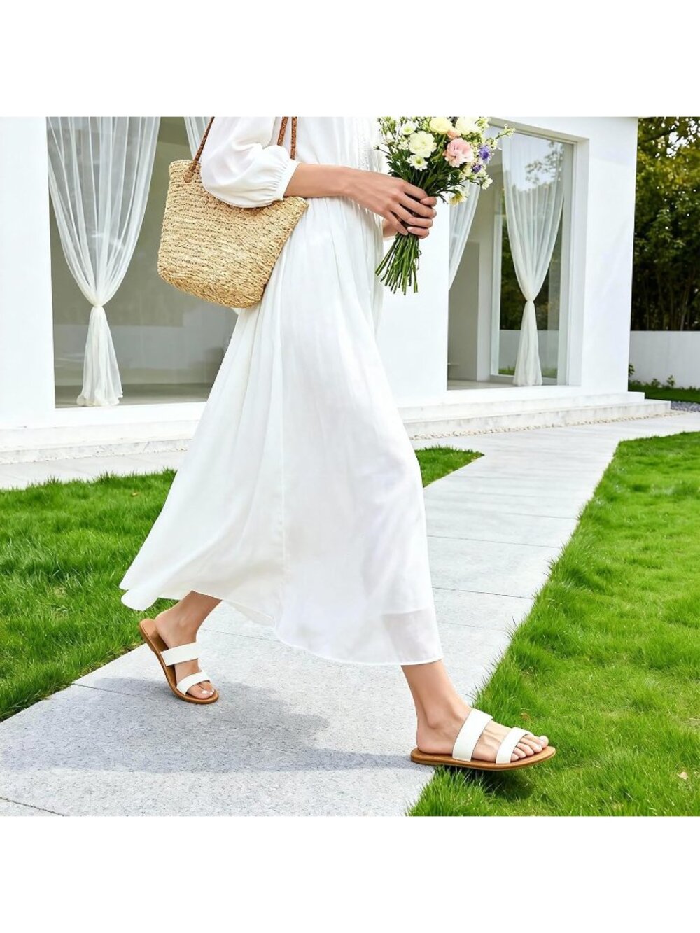 Women's White Two Strap Beach Vacations Casual Slide Slip on Flat Sandal Shoes - Picture 3 of 7